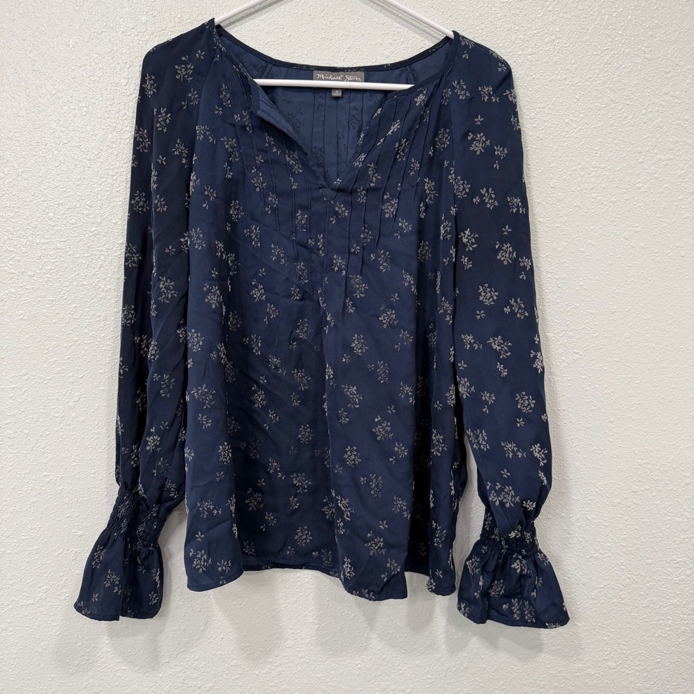 Michael Stars Navy Floral Pintuck Flare‎ Sleeve Blouse Women's Medium